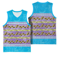 Hawaii Humuhumu Fish Maile Pikake Lei Basketball Jersey Tribal Tapa Blue Version