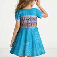 Hawaii Humuhumu Fish Maile Pikake Lei Kid Short Sleeve Dress Tribal Tapa Blue Version