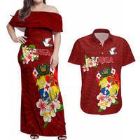Personalized Tonga Couples Matching Off Shoulder Maxi Dress and Hawaiian Shirt Coat Of Arms Plumeria With Ngatu Pattern LT05 Red - Polynesian Pride