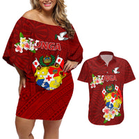Personalized Tonga Couples Matching Off Shoulder Short Dress and Hawaiian Shirt Coat Of Arms Plumeria With Ngatu Pattern LT05 Red - Polynesian Pride