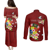Personalized Tonga Couples Matching Puletasi Dress and Long Sleeve Button Shirts Coat Of Arms Plumeria With Ngatu Pattern LT05 - Polynesian Pride