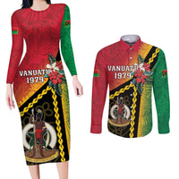 Happy Vanuatu Constitution Day Couples Matching Long Sleeve Bodycon Dress and Long Sleeve Button Shirt Flag Style With Sand Drawing Pattern LT05 Red - Polynesian Pride