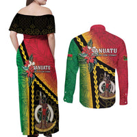 Happy Vanuatu Constitution Day Couples Matching Off Shoulder Maxi Dress and Long Sleeve Button Shirt Flag Style With Sand Drawing Pattern LT05 - Polynesian Pride