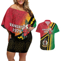 Happy Vanuatu Constitution Day Couples Matching Off Shoulder Short Dress and Hawaiian Shirt Flag Style With Sand Drawing Pattern LT05 Red - Polynesian Pride