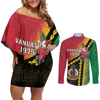 Happy Vanuatu Constitution Day Couples Matching Off Shoulder Short Dress and Long Sleeve Button Shirt Flag Style With Sand Drawing Pattern LT05 Red - Polynesian Pride