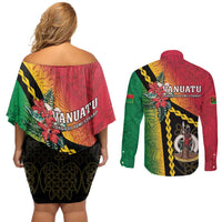 Happy Vanuatu Constitution Day Couples Matching Off Shoulder Short Dress and Long Sleeve Button Shirt Flag Style With Sand Drawing Pattern LT05 - Polynesian Pride
