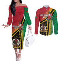 Happy Vanuatu Constitution Day Couples Matching Off The Shoulder Long Sleeve Dress and Long Sleeve Button Shirt Flag Style With Sand Drawing Pattern LT05 Red - Polynesian Pride