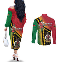 Happy Vanuatu Constitution Day Couples Matching Off The Shoulder Long Sleeve Dress and Long Sleeve Button Shirt Flag Style With Sand Drawing Pattern LT05 - Polynesian Pride