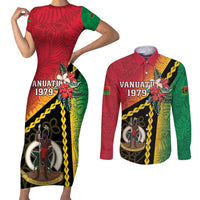 Happy Vanuatu Constitution Day Couples Matching Short Sleeve Bodycon Dress and Long Sleeve Button Shirt Flag Style With Sand Drawing Pattern LT05 Red - Polynesian Pride