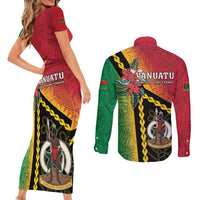 Happy Vanuatu Constitution Day Couples Matching Short Sleeve Bodycon Dress and Long Sleeve Button Shirt Flag Style With Sand Drawing Pattern LT05 - Polynesian Pride