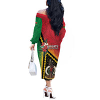 Happy Vanuatu Constitution Day Off The Shoulder Long Sleeve Dress Flag Style With Sand Drawing Pattern