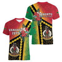 Happy Vanuatu Constitution Day Women V-Neck T-Shirt Flag Style With Sand Drawing Pattern