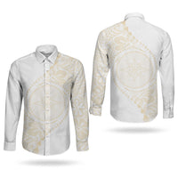 Tonga White Sunday Couples Matching Off Shoulder Short Dress and Long Sleeve Button Shirt Lotu Tamaiti Tongan Kupesi Pattern
