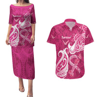 Breast Cancer Awareness Couples Matching Puletasi Dress and Hawaiian Shirt Ribbon Polynesian Pattern Pink Version LT05 Pink - Polynesian Pride