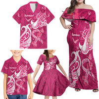 Personalized Breast Cancer Awareness Family Matching Off Shoulder Maxi Dress and Hawaiian Shirt Ribbon Polynesian Pattern Pink Version LT05 - Polynesian Pride