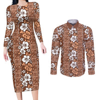 Hawaii Vintage Brown Hibiscus Tapa Pattern Couples Matching Long Sleeve Bodycon Dress and Long Sleeve Button Shirt LT05 Brown - Polynesian Pride