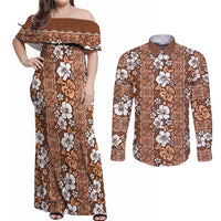 Hawaii Vintage Brown Hibiscus Tapa Pattern Couples Matching Off Shoulder Maxi Dress and Long Sleeve Button Shirt LT05 Brown - Polynesian Pride