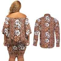 Hawaii Vintage Brown Hibiscus Tapa Pattern Couples Matching Off Shoulder Short Dress and Long Sleeve Button Shirt LT05 - Polynesian Pride