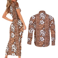 Hawaii Vintage Brown Hibiscus Tapa Pattern Couples Matching Short Sleeve Bodycon Dress and Long Sleeve Button Shirt LT05 - Polynesian Pride