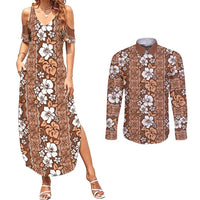 Hawaii Vintage Brown Hibiscus Tapa Pattern Couples Matching Summer Maxi Dress and Long Sleeve Button Shirt LT05 Brown - Polynesian Pride