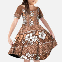 Hawaii Vintage Brown Hibiscus Tapa Pattern Family Matching Long Sleeve Bodycon Dress and Hawaiian Shirt