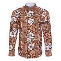 Hawaii Vintage Brown Hibiscus Tapa Pattern Family Matching Off Shoulder Short Dress and Hawaiian Shirt