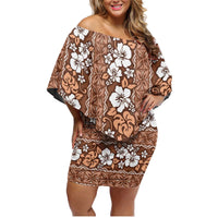 Hawaii Vintage Brown Hibiscus Tapa Pattern Family Matching Off Shoulder Short Dress and Hawaiian Shirt