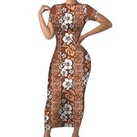 Hawaii Vintage Brown Hibiscus Tapa Pattern Short Sleeve Bodycon Dress LT05 Long Dress Brown - Polynesian Pride
