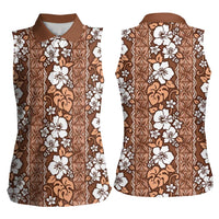 Hawaii Vintage Brown Hibiscus Tapa Pattern Women Sleeveless Polo Shirt