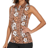 Hawaii Vintage Brown Hibiscus Tapa Pattern Women Sleeveless Polo Shirt
