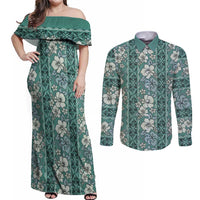 Hawaii Vintage Green Hibiscus Tapa Pattern Couples Matching Off Shoulder Maxi Dress and Long Sleeve Button Shirt LT05 Green - Polynesian Pride