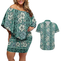 Hawaii Vintage Green Hibiscus Tapa Pattern Couples Matching Off Shoulder Short Dress and Hawaiian Shirt LT05 Green - Polynesian Pride