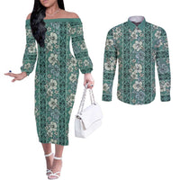 Hawaii Vintage Green Hibiscus Tapa Pattern Couples Matching Off The Shoulder Long Sleeve Dress and Long Sleeve Button Shirt LT05 Green - Polynesian Pride