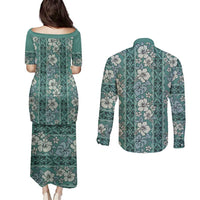 Hawaii Vintage Green Hibiscus Tapa Pattern Couples Matching Puletasi and Long Sleeve Button Shirt LT05 - Polynesian Pride
