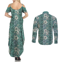 Hawaii Vintage Green Hibiscus Tapa Pattern Couples Matching Summer Maxi Dress and Long Sleeve Button Shirt LT05 - Polynesian Pride