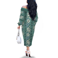 Hawaii Vintage Green Hibiscus Tapa Pattern Family Matching Off The Shoulder Long Sleeve Dress and Hawaiian Shirt