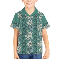 Hawaii Vintage Green Hibiscus Tapa Pattern Family Matching Short Sleeve Bodycon Dress and Hawaiian Shirt