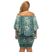 Hawaii Vintage Green Hibiscus Tapa Pattern Off Shoulder Short Dress LT05 - Polynesian Pride