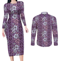Hawaii Vintage Violet Hibiscus Tapa Pattern Couples Matching Long Sleeve Bodycon Dress and Long Sleeve Button Shirt LT05 Violet - Polynesian Pride