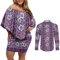 Hawaii Vintage Violet Hibiscus Tapa Pattern Couples Matching Off Shoulder Short Dress and Long Sleeve Button Shirt LT05 Violet - Polynesian Pride
