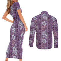 Hawaii Vintage Violet Hibiscus Tapa Pattern Couples Matching Short Sleeve Bodycon Dress and Long Sleeve Button Shirt LT05 - Polynesian Pride