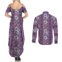 Hawaii Vintage Violet Hibiscus Tapa Pattern Couples Matching Summer Maxi Dress and Long Sleeve Button Shirt LT05 - Polynesian Pride