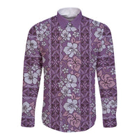 Hawaii Vintage Violet Hibiscus Tapa Pattern Long Sleeve Button Shirt