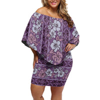Hawaii Vintage Violet Hibiscus Tapa Pattern Off Shoulder Short Dress LT05 Women Violet - Polynesian Pride