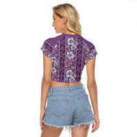 Hawaii Vintage Violet Hibiscus Tapa Pattern Raglan Cropped T Shirt LT05 - Polynesian Pride