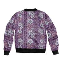 Hawaii Vintage Violet Hibiscus Tapa Pattern Sleeve Zip Bomber Jacket