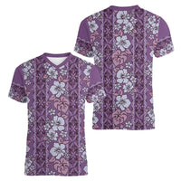 Hawaii Vintage Violet Hibiscus Tapa Pattern Women V-Neck T-Shirt LT05 - Polynesian Pride