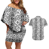 Hawaii Vintage Gray Hibiscus Tapa Pattern Couples Matching Off Shoulder Short Dress and Hawaiian Shirt LT05 Gray - Polynesian Pride