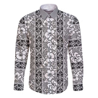 Hawaii Vintage Gray Hibiscus Tapa Pattern Family Matching Off Shoulder Short Dress and Hawaiian Shirt