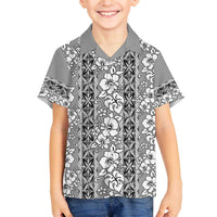 Hawaii Vintage Gray Hibiscus Tapa Pattern Family Matching Off Shoulder Short Dress and Hawaiian Shirt